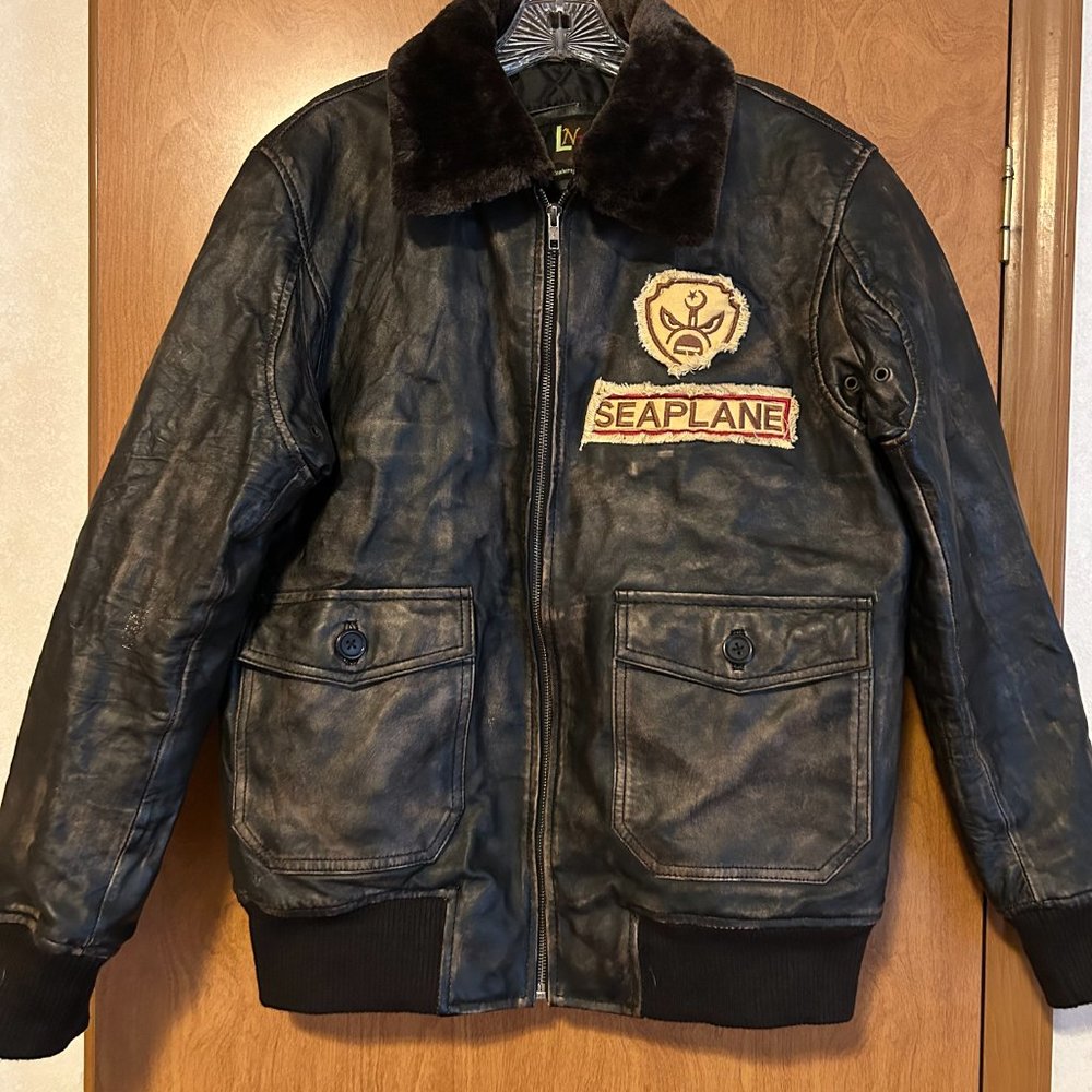 Mens LNJ Sz L Brown Distressed Leather SEAPLANE Aviator Pilot Bomber Jacket